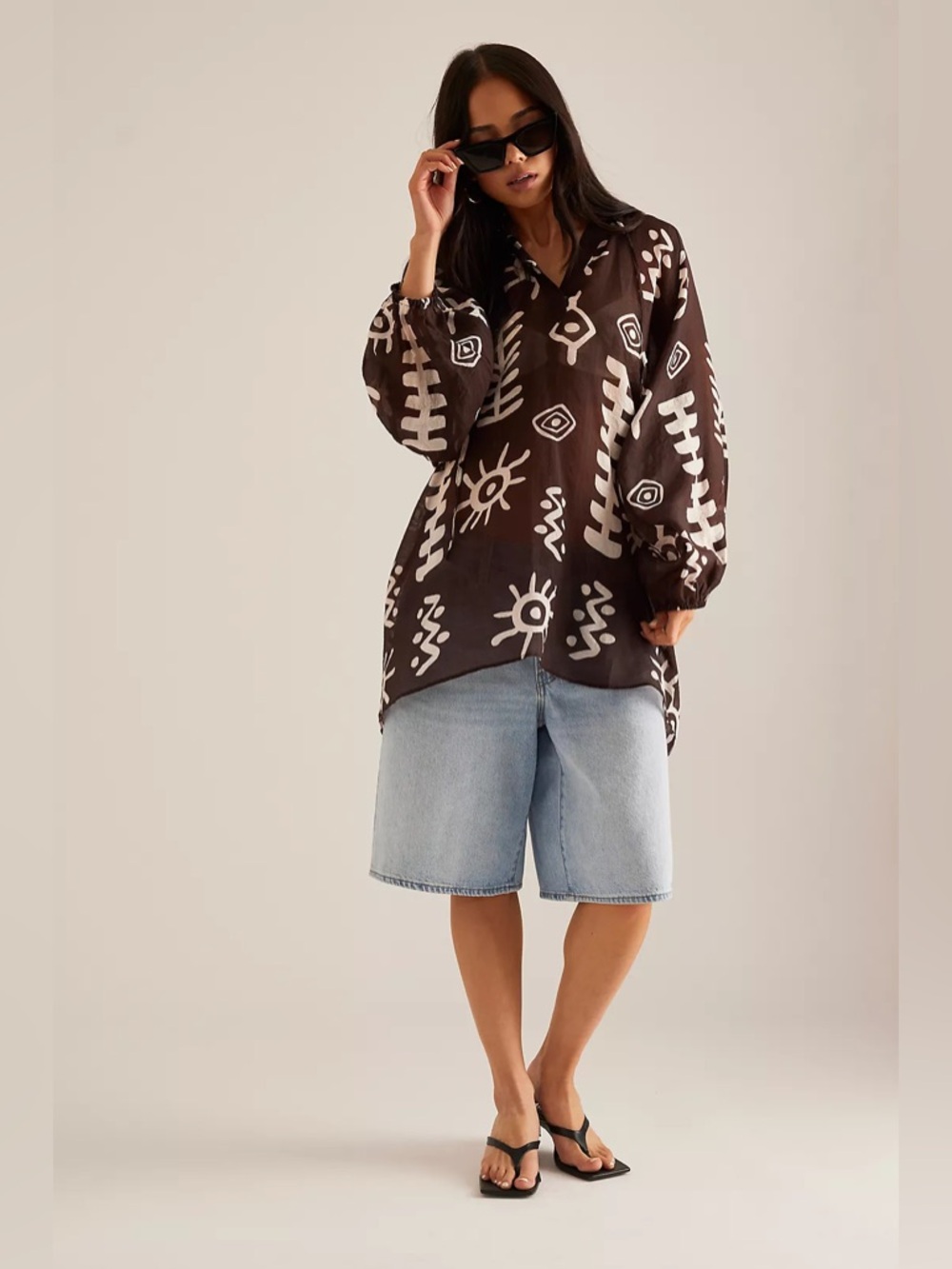 Anthropologie Tie-Neck Printed Mini Kaftan Dress Tunic Brown White Abstract - Picture 14 of 15